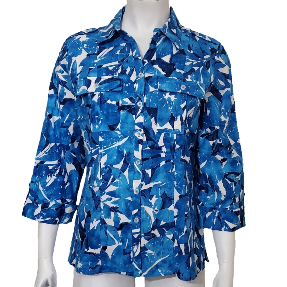 Brandon Thomas Linen Mix Floral Leaf Button Top
